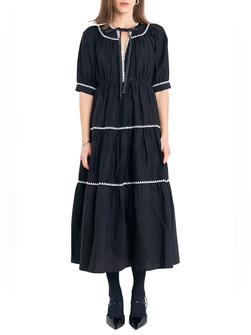NWT English Factory Embroidered Puff Sleeve Tiered Midi Dress Size XS
